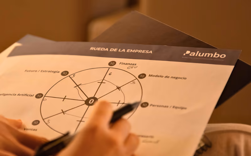 Un participante completa la hoja Rueda de la empresa de Palumbo Consulting